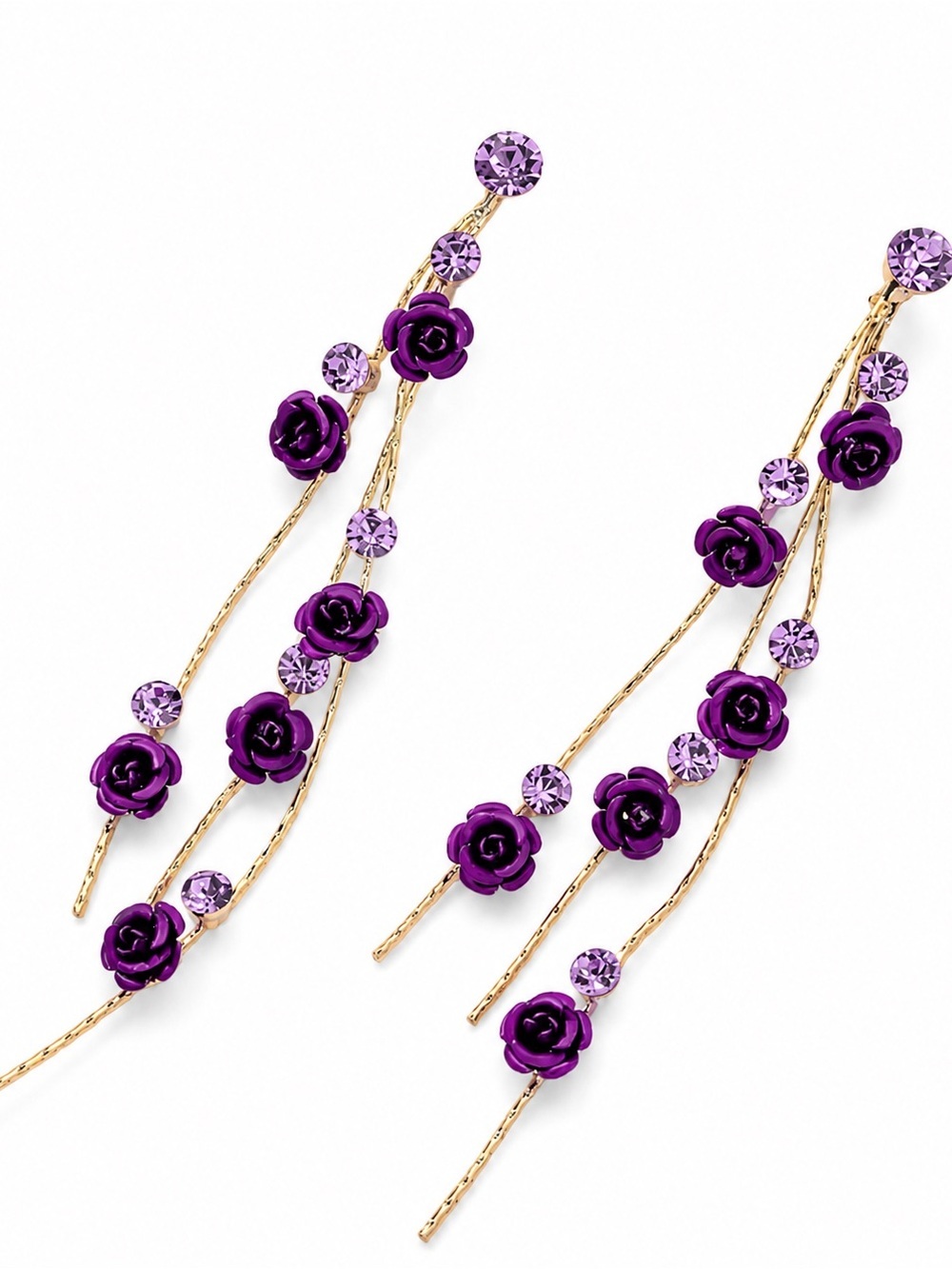 Purple Rose Cascade Earrings - Gold Tone - Picture 1 of 3